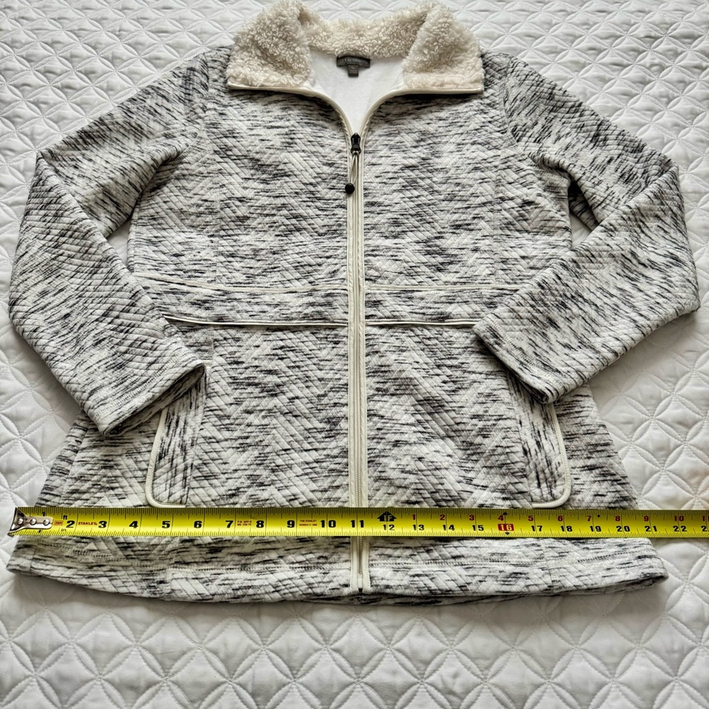 T by Talbots Fleece-Trim Quilted Jacquard Full Zip Jacket Gray Ivory Size SP - Picture 8 of 16